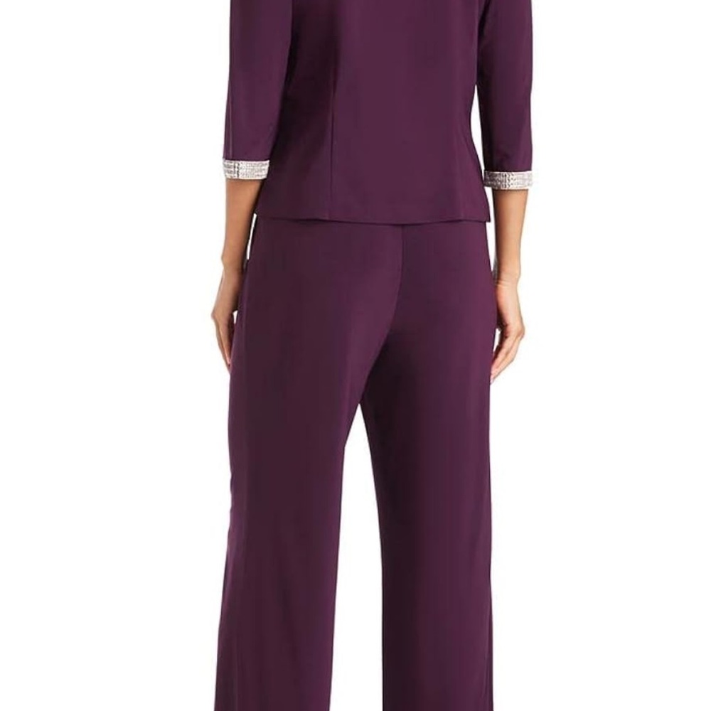 &M Richards Womens Petite 3/4 sleeve Pant Suit Plum with rhinestone trim